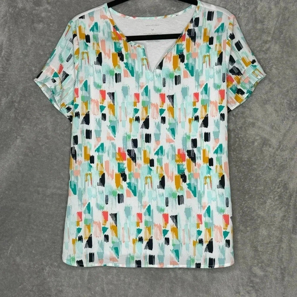 Van Heusen Tops - Van Heusen M Medium Shirt Top Blue Geometric Short Sleeve Split Round Neck